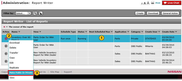 Report Writer page with Make Public option highlighted